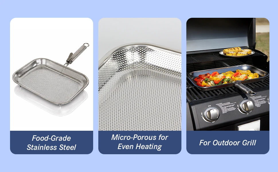 Perforated Stainless Steel Grill Basket with Detachable Handle – Rectangular BBQ Tray for Grilling Vegetables, Fish, and Meat, Ideal for Outdoor Cooking, Food-Grade Stainless Steel, Anti-Rust, Multi-Use, Easy Cleaning