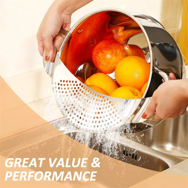 2 Piece 304 Stainless Steel Pot Strainer Set with Handles – Clip-On Pan Colander & Pasta Drainer with Recessed Grips – Great for Draining Pasta & Vegetables