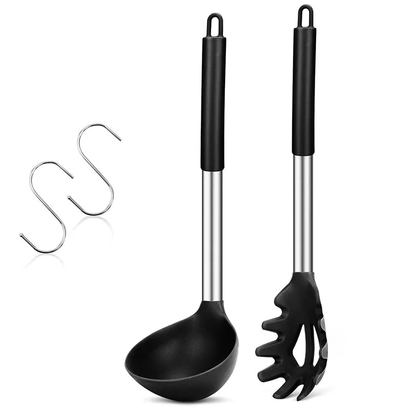Silicone Pasta Fork & Ladle Spoon Set black