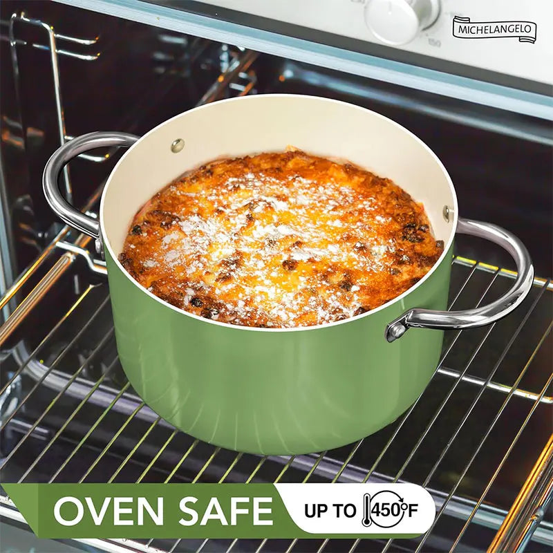 Ceramic Stock Pot with Glass Lid – 6-Quart Non-Stick Cooking Pot, Induction-Compatible – Ideal for Soups, Stews, Curries, Simmering, Sautéing & One-Pot Meals – Available in Green, Blue, Beige & Black