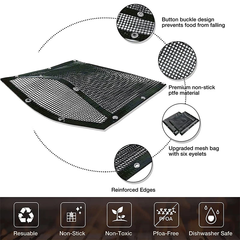 Reusable PTFE Mesh Grill Bags – Non-Stick BBQ Bags for Charcoal, Gas Grills & Smokers – Best for Grilling Vegetables, Fish & Small Foods – Available in 3 Sizes