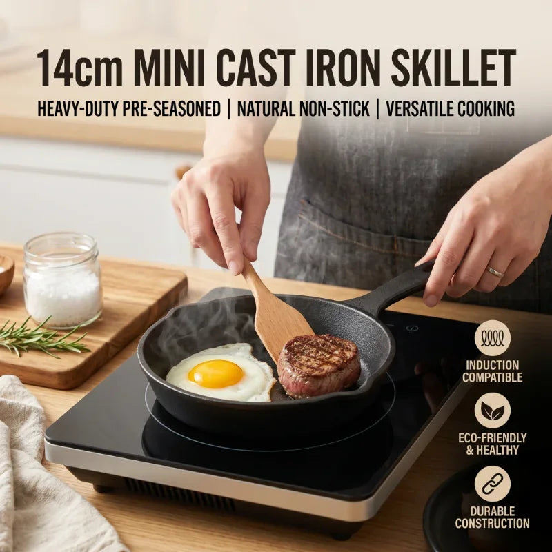 Cast Iron Mini Frying Pan – Small Flat Bottom Omelette & Egg Pan – Ideal for Eggs, Dumplings & Breakfasts (14cm)