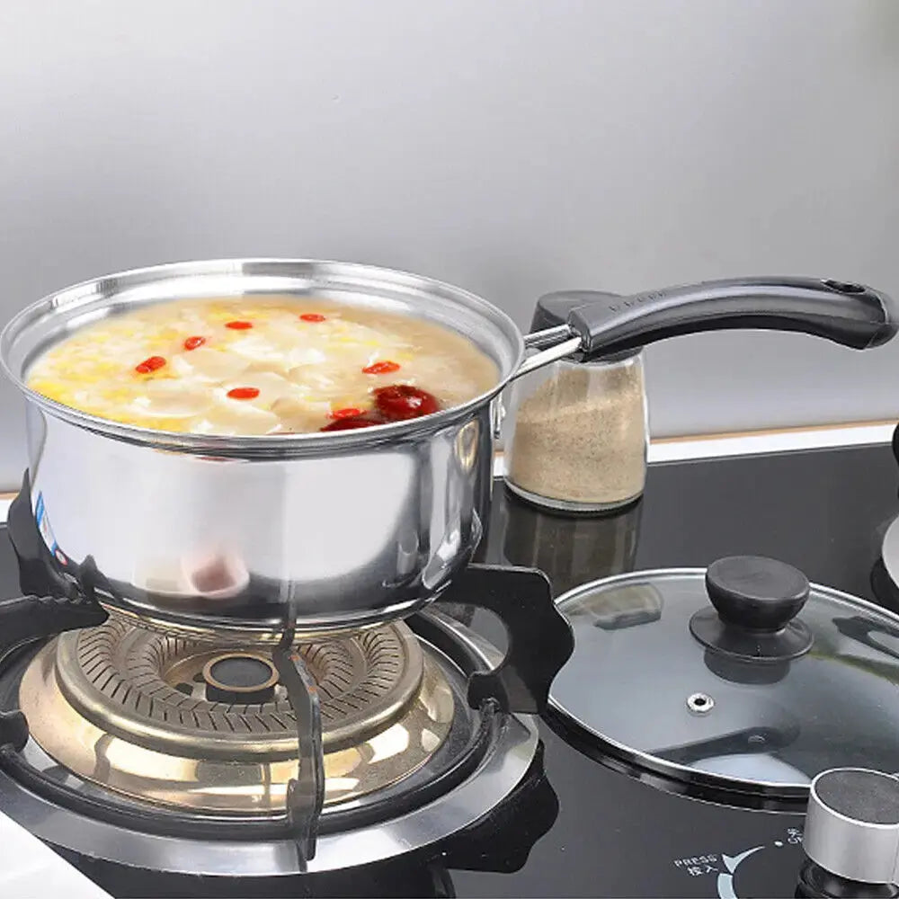 3-Piece Stainless Steel Saucepan Set with Glass Lids – Includes 16cm, 18cm, & 20cm Pans – Ideal for Boiling, Simmering, Heating & Everyday Cooking – Compatible with Induction, Gas, and Electric Hobs