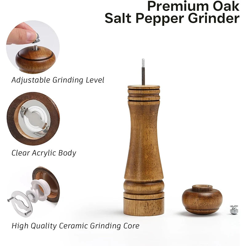Oak Wood Salt & Pepper Grinder Set with Adjustable Ceramic Grinder – Wooden Pepper Mill & Salt Grinder – Great for the Kitchen & Dining Table – Available in 5 Inch, 8 Inch & 10 Inch