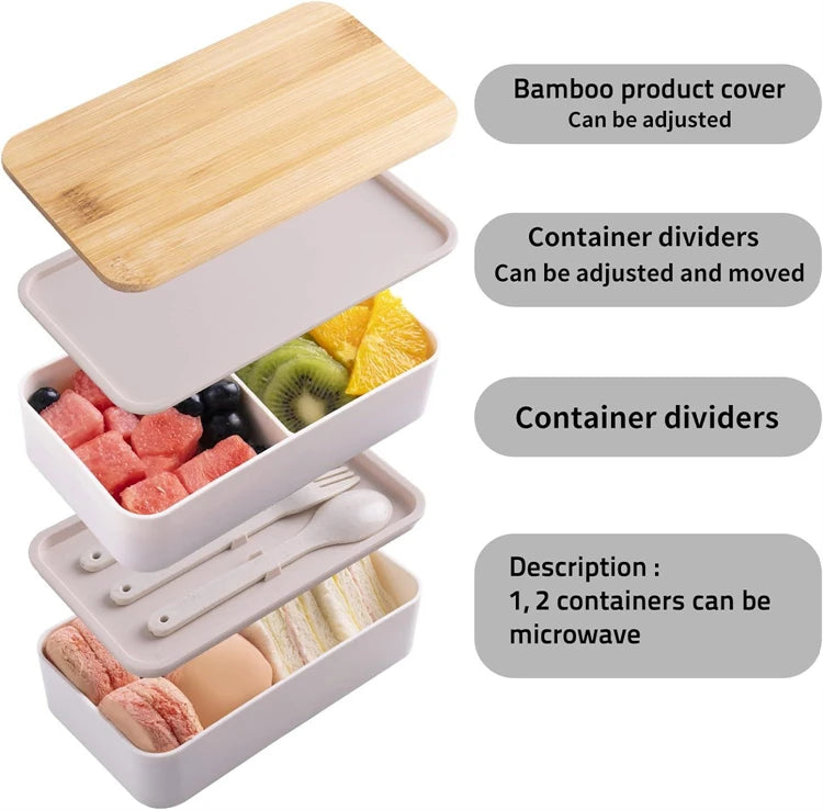 1200ml Stackable Bento Lunch Box with Utensils – Leak Resistant Meal Prep Compartment Container – Perfect for Work, School & Travel