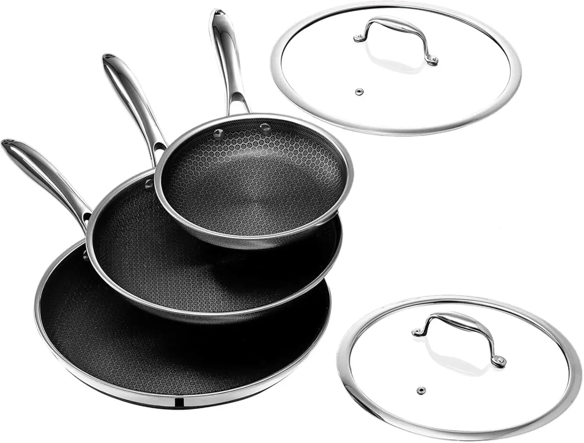 3 Piece Titanium Frying Pan Set with Lids – Tri-Ply Clad Uncoated Non-Stick Skillets 20cm, 26cm & 28cm – Best for Metal Utensils & Healthy Cooking