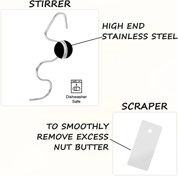 Stainless Steel Peanut Butter Mixer with Scraper – Nut Butter Stirrer & Jam Stirring Tool – Ideal for Mixing Natural Nut Butters in the Jar