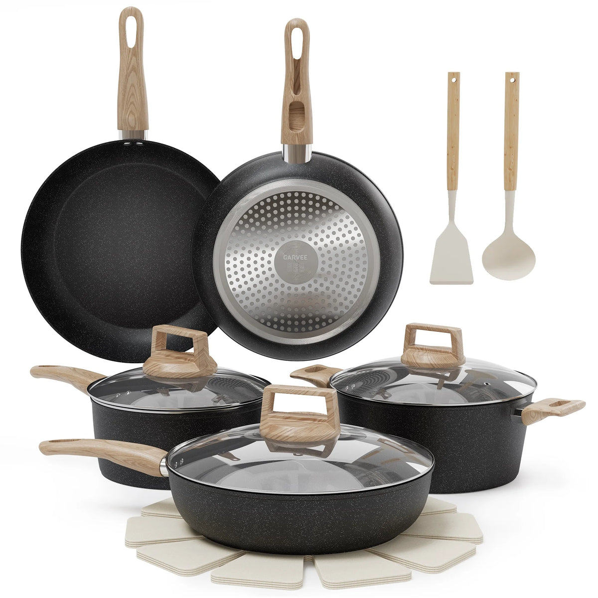 Ceramic Non-Stick Cookware Set 14 Piece with Woodgrain Handles – Induction Frying Pans, Sauté Pan, Saucepan & Stock Pot – Best for First Homes & Family Kitchens