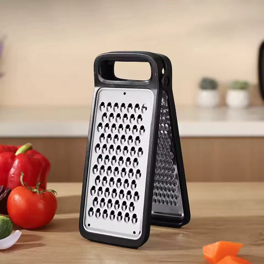 Modern Multifunctional Space-Saving Vertical Foldable Stainless Steel Grater—Double-Sided Design for Fine Grating of Cheese, Vegetables, and Fruit (Black)