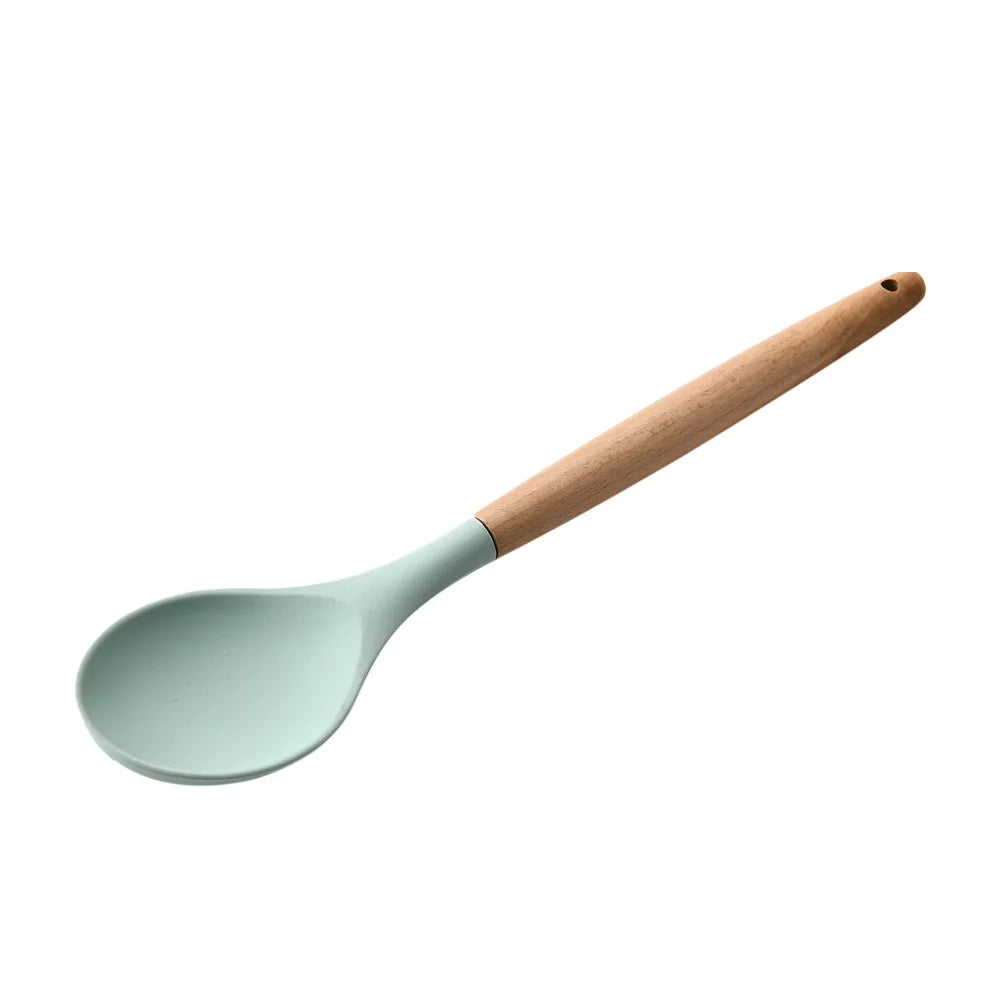 Heat Resistant Silicone Cooking Utensil with Wooden Handle – Up to 230°C Turner, Tongs, Spatula, Spoon, Brush & Whisk – Ideal for Nonstick Cookware Style 1