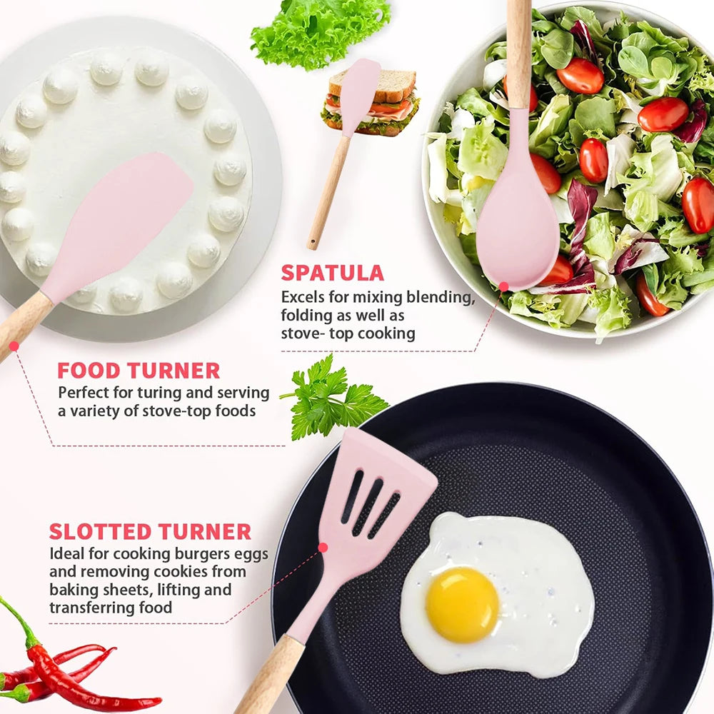 Pink Silicone Kitchen Utensil Set with Wooden Handles – 12 Piece Non-Stick Spatulas, Turner & Whisk – Ideal for Non-Stick Cookware & Baking