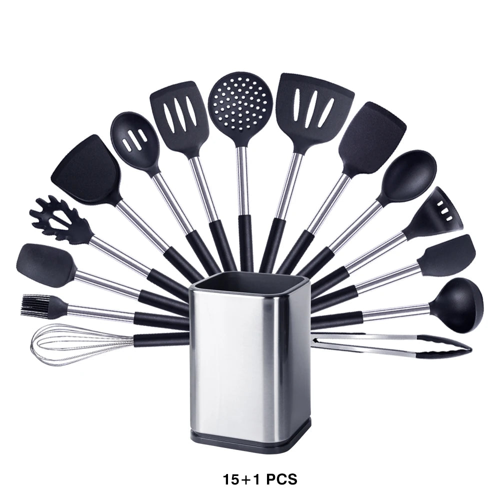 Silicone Kitchen Utensils Set with Stainless Steel Handles – Non-Stick Safe, Heat Resistant | Grey & Black | Available in 5 to 15-Piece Sets