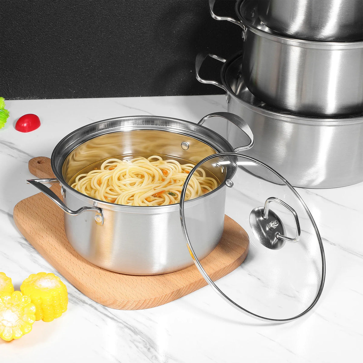 5 Piece Stainless Steel Stock Pot Set with Glass Lids – Induction Soup & Cooking Pots – Ideal for Gas, Electric, Ceramic & Halogen Hobs