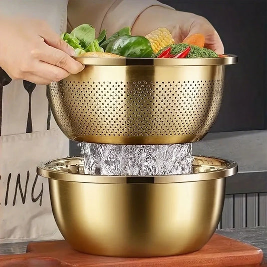 Golden 2 Piece Stainless Steel Strainer & Steamer Basket Set – Rustproof Heavy Duty Colanders – Ideal for Rice, Pasta & Vegetables