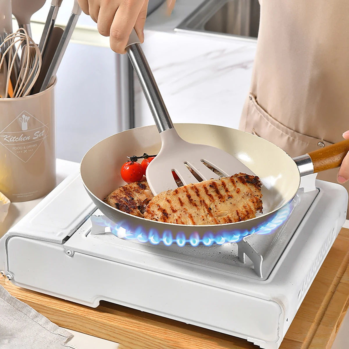 15-Piece Silicone Kitchen Utensils Set – Heat-Resistant Spatulas, Spoons, Turners, Brush, and Whisk, Perfect for Non-Stick Cookware,Available in Black, Grey & Khaki