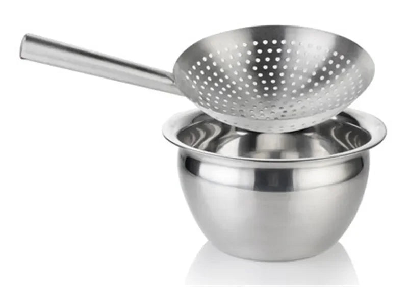 Stainless Steel Oil Strainer & Storage Set – Includes Colander Bowl & Large Heat-Resistant Handle Slotted Ladle Skimmer for Frying & Oil Separation