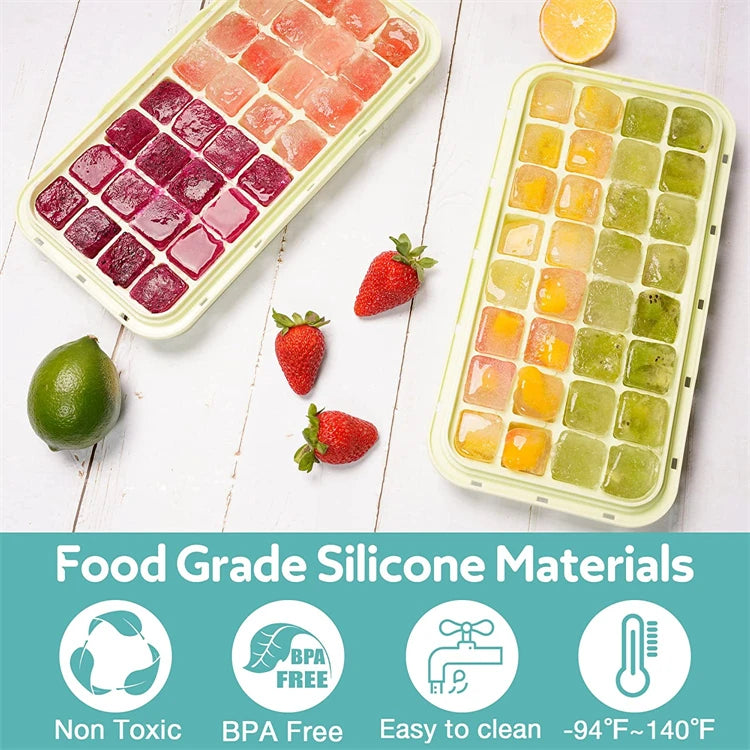 Stackable Silicone Ice Cube Tray Set with Storage Bin – 2 Trays & 64 Nugget Ice Moulds – Best for Chilling Drinks & Freezing – Available in Pink, Blue, Green & Orange Colours