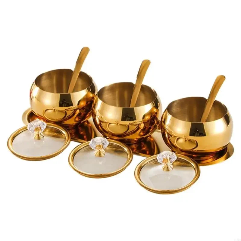 Stainless Steel Spice Jar Set with Tray 3pcs gold