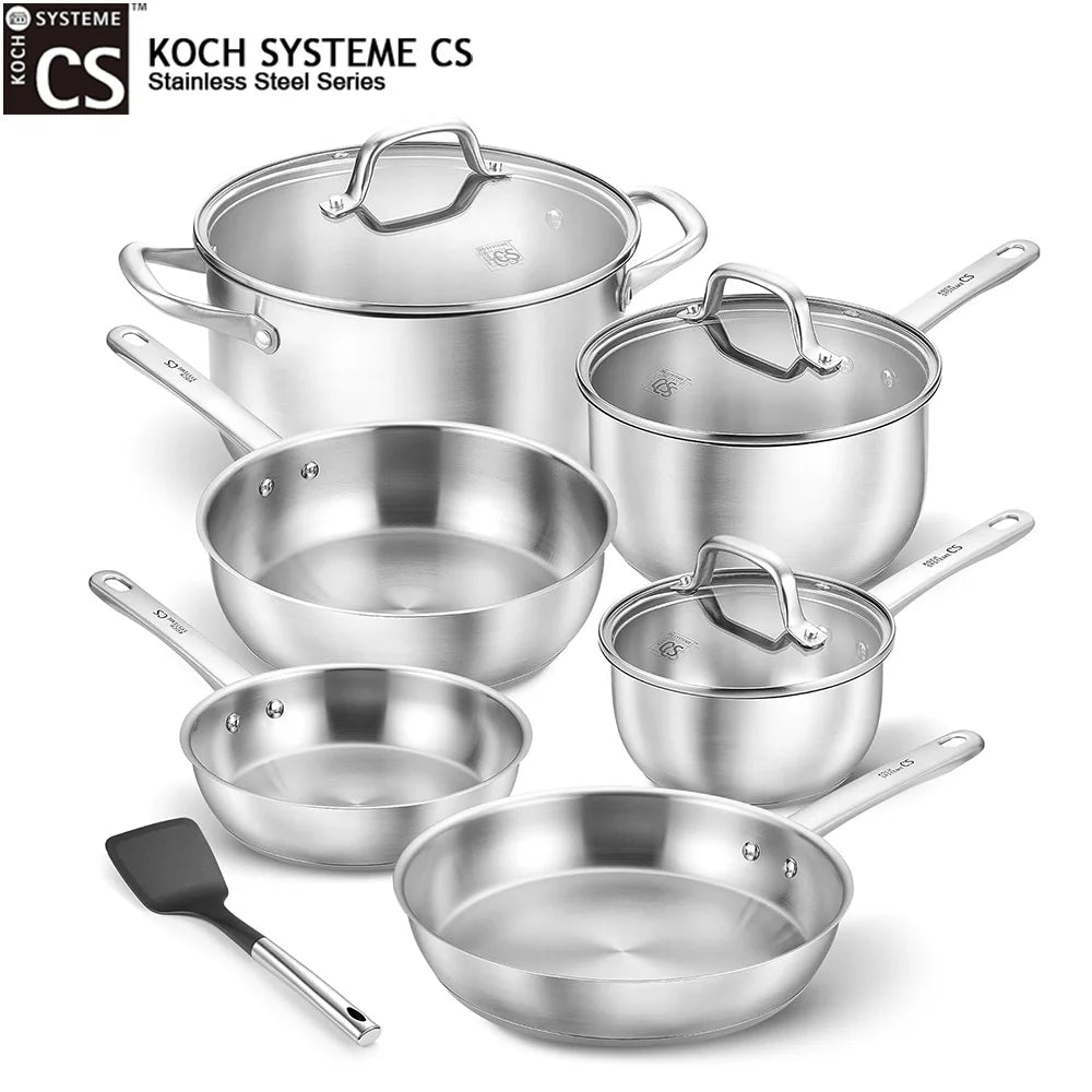 10 Piece 18/10 Stainless Steel Pots & Pans Set with Glass Lids – Saucepans, Casserole & Frying Pans – Ideal for Induction, Oven & Everyday Family Cooking