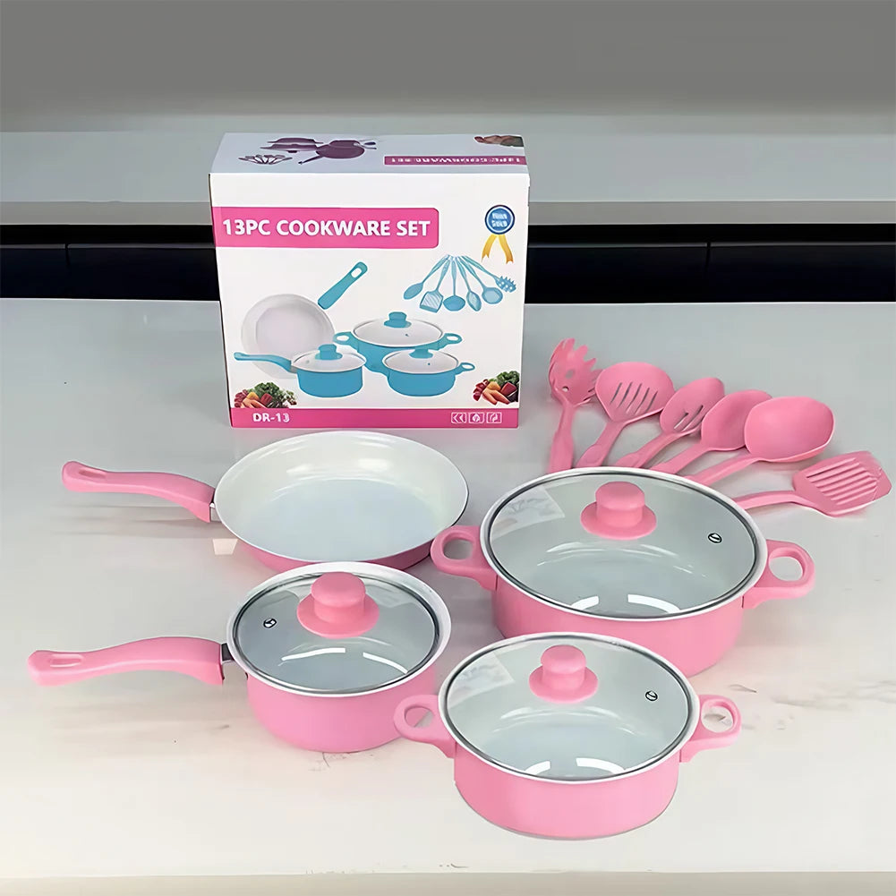12 Piece Maifan Stone Non-Stick Cookware Set – Stackable Deep Frying Pan, Milk Pot & Cooking Pot with Lids – Best for Quick Breakfasts & Family Dinners – Available in Black, Blue & Pink Colours