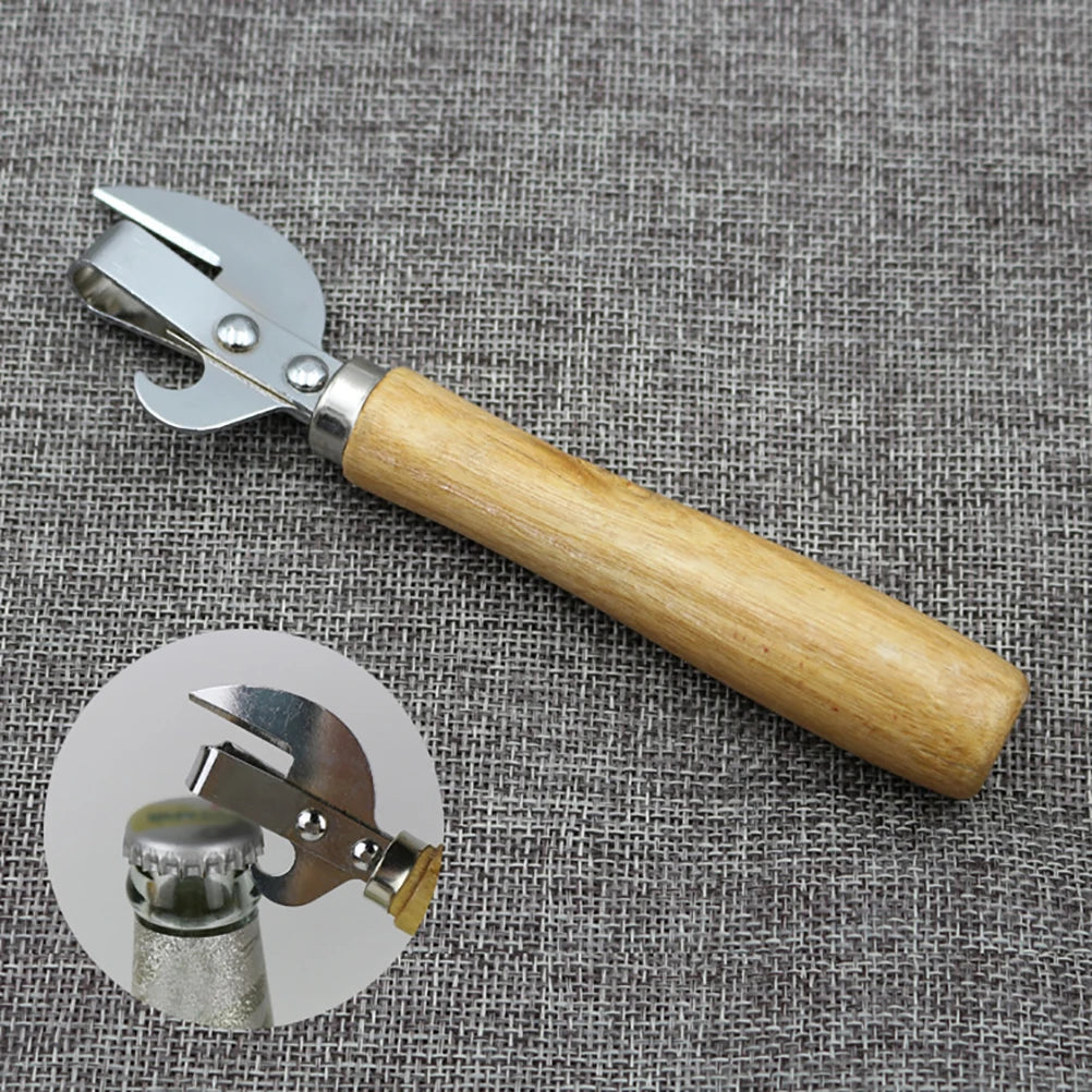 Stainless Steel Can & Bottle Opener with Wooden Handle – Multi-Function Manual Lid Remover – Ideal for Tins, Jars & Bottles