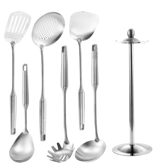 7-Piece Stainless Steel Kitchen Utensils Set – Slotted Turner, Skimmer, Pasta Server, Sauce Spoon,Wok Spatula, Soup Ladle & Holder, Heat-Resistant & Dishwasher Safe 7 Pieces