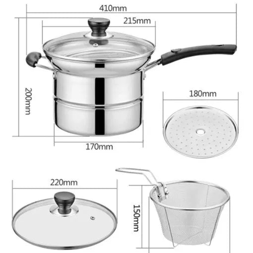 4 Piece Stainless Steel Chip Pan Set – Deep Fat Fryer Pot with Frying Basket, Steamer Rack & Lid – Perfect for Chips, Noodles & Soup