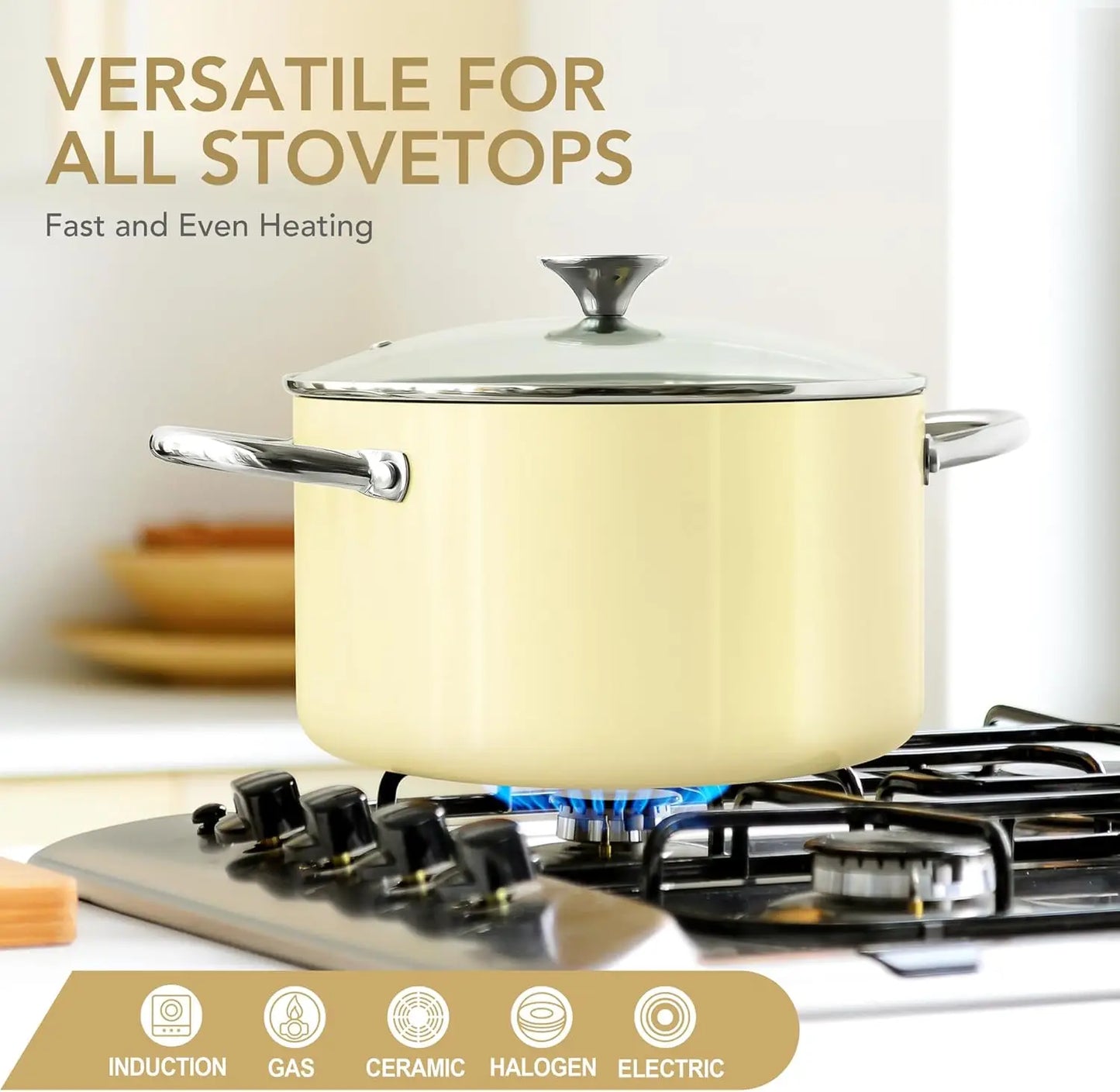 Nonstick Ceramic Stock Pot with Lid & Double Handles – Induction-Compatible 6QT Large Soup Pot for Stew, Pasta, Boiling, Everyday Cooking & Family Meals