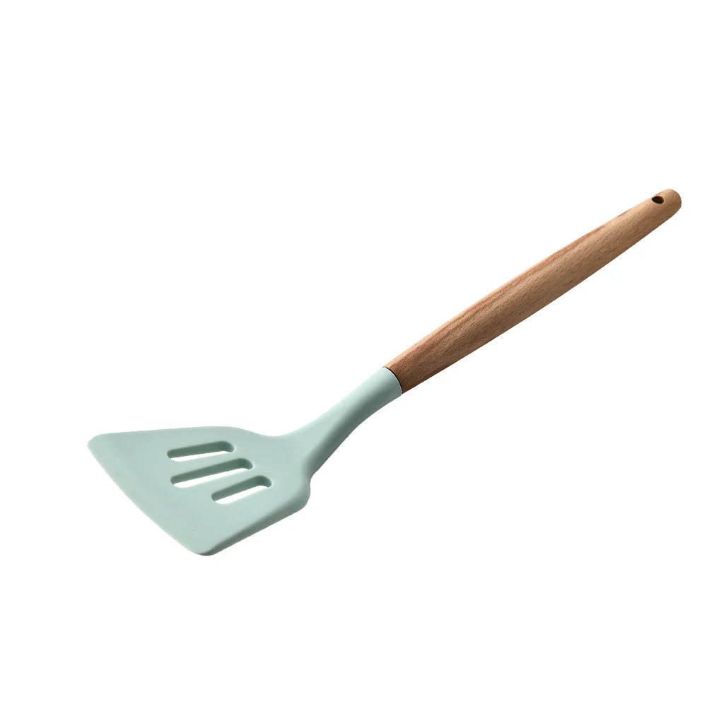 Heat Resistant Silicone Cooking Utensil with Wooden Handle – Up to 230°C Turner, Tongs, Spatula, Spoon, Brush & Whisk – Ideal for Nonstick Cookware Style 4