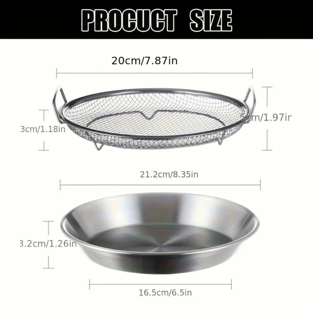 Multi-Use Round Stainless Steel Frying Oil Strainer/Drainer Mesh Rack with Elevated Handles and Drip Tray Set, 2-in-1 Mesh Basket & Tray Combo for Fried Foods, Chicken, Fries & Tempura, Strainer, Vegetable Washing & Baking Cooling