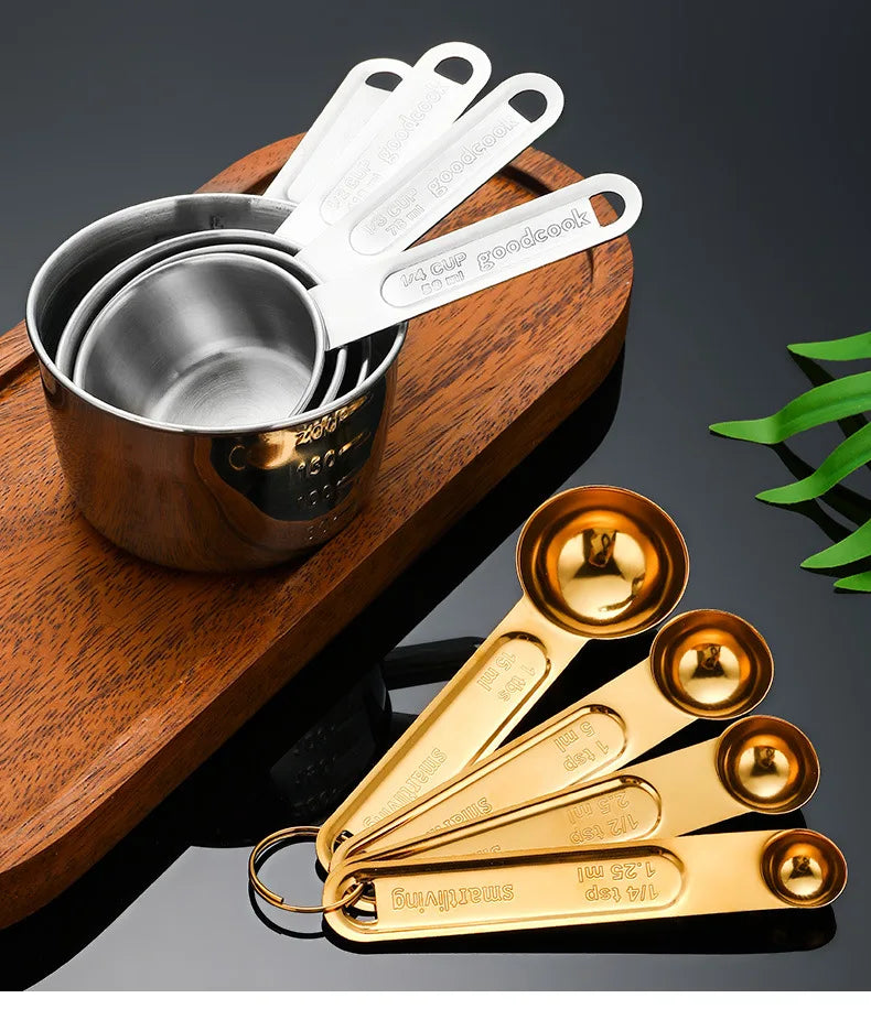 8 Piece Gold Measuring Cups And Spoons Set Stainless Steel