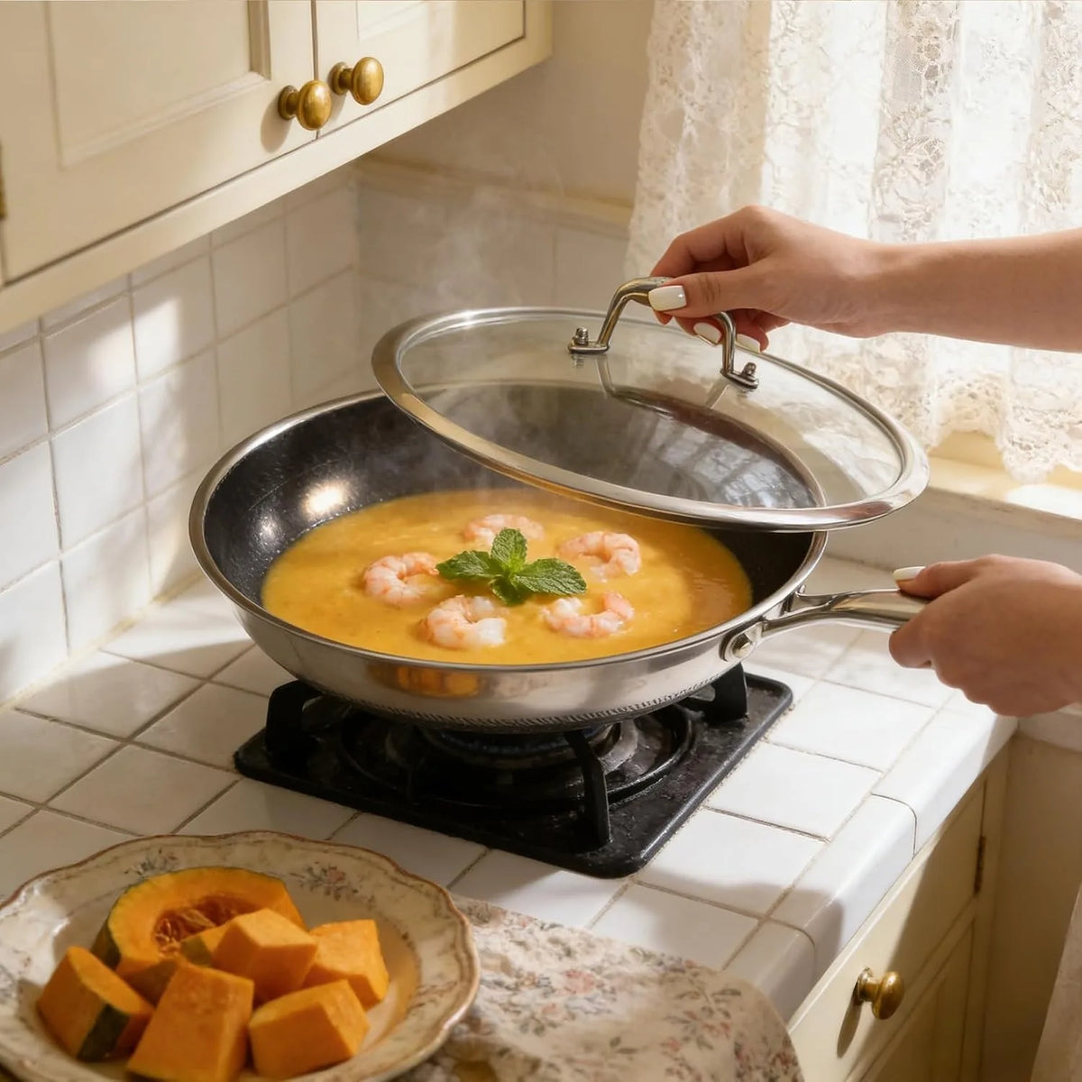 Honeycomb Stainless Steel Non-Stick Frying Pan Set with Glass Lids – 6 Piece 3-Ply Induction Skillets 20cm, 25cm & 30cm – Perfect for Frying, Braising & Family Cooking