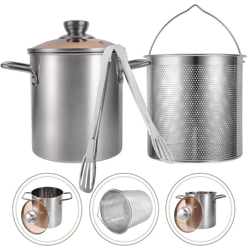 3L Stainless Steel Deep Fryer Pot with Lid & Mesh Basket – Japanese Tempura Frying Pot – Ideal for Chips, Chicken & Tempura – Available With or Without Tongs