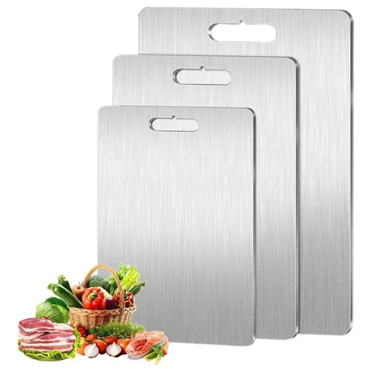 316 Stainless Steel Chopping Board Set – Double-Sided Food-Grade Metal Cutting Boards – Ideal for Meat, Fish & Fruit – Available in 4 Sizes & Cleaning Sponges