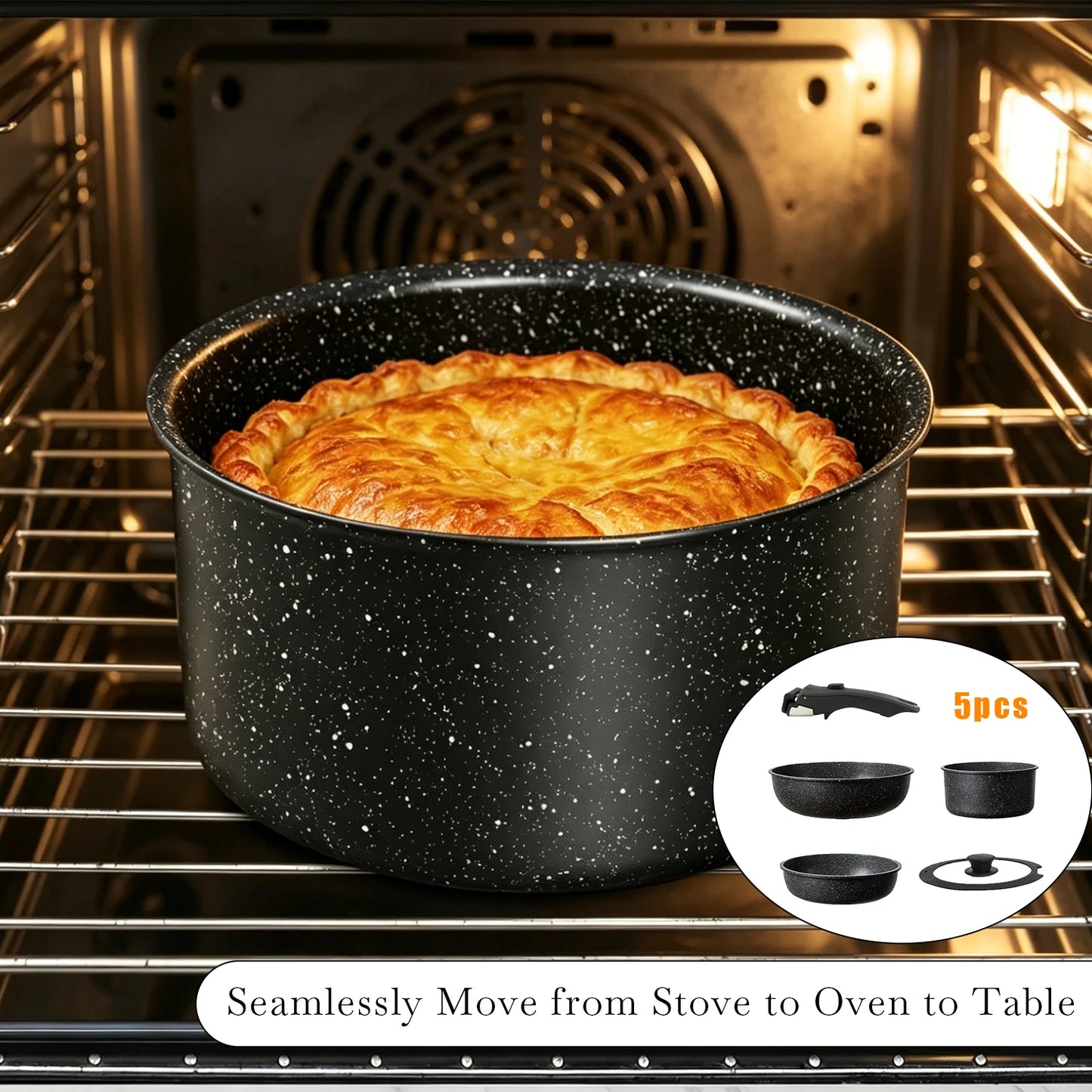 5-Piece Non-Stick Cookware Set with Detachable Handle – Aluminium Alloy, Stackable, Induction Compatible, Great for Everyday Cooking, Frying, and Sautéing