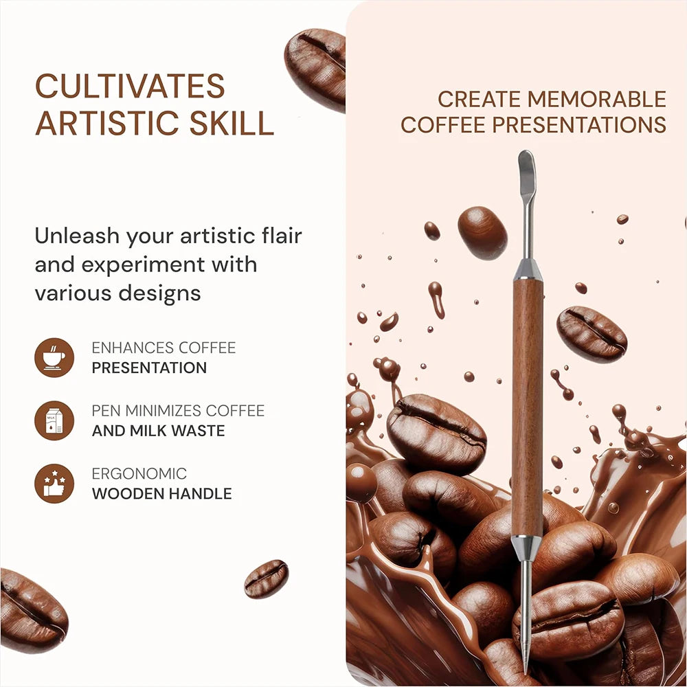 Stainless Steel Latte Art Pen with Wooden Handle – Coffee Decorating Needle – Perfect for Cappuccino Art, Hearts & Swirls