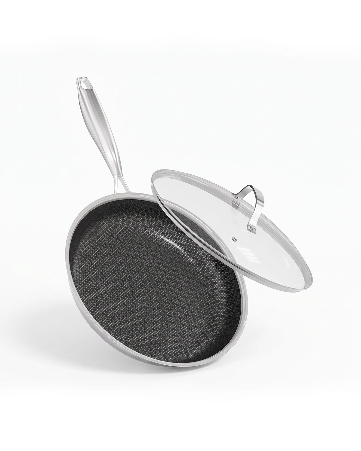 Honeycomb Stainless Steel Non-Stick Frying Pan with Glass Lid – 3-Ply Induction Skillet with Stay-Cool Handle – Ideal for Frying, Searing & Everyday Cooking (26cm)