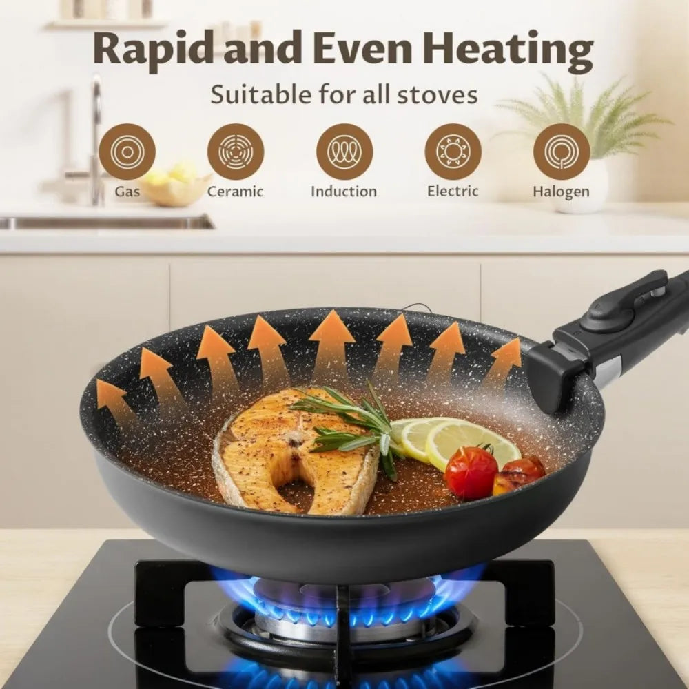 4 Piece Non-Stick Frying Pan Set with Detachable Handle – 23cm & 28cm Frying Pans & 28cm Sauté Pan – Great for Stove to Oven & Stackable Storage