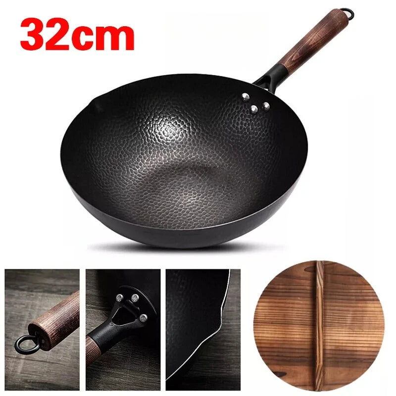Iron Wok with Wooden Lid – Uncoated Pure Iron Stir-Fry Pan – Perfect for Stir-Frying, Noodles & High-Heat Cooking (32cm)