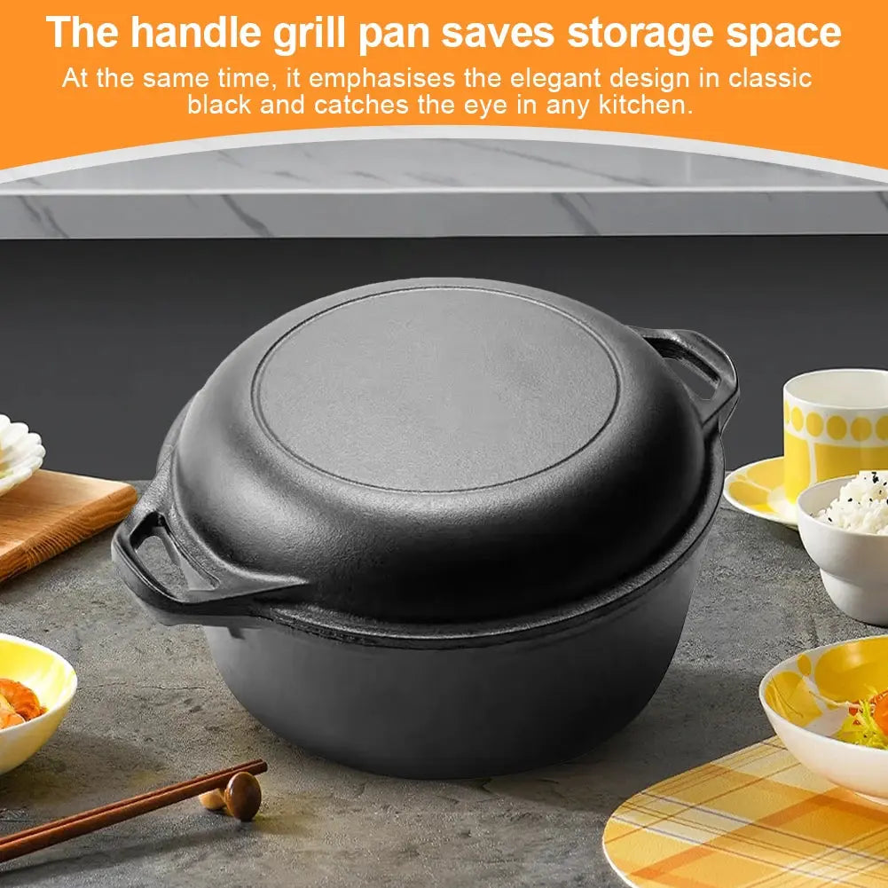 Pre-Seasoned Cast Iron 2-in-1 Dutch Oven Pot & Skillet – Multi-Purpose Cookware Set with Dual Handles for Baking Bread, Frying, Stewing, Camping & BBQ