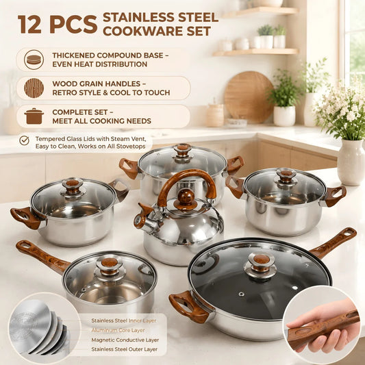 6 Piece Stainless Steel Cookware Set with Glass Lids & Wood-Effect Handles – Uncoated Mirror-Polished Pots & Pans – Best for Induction & Healthy Cooking