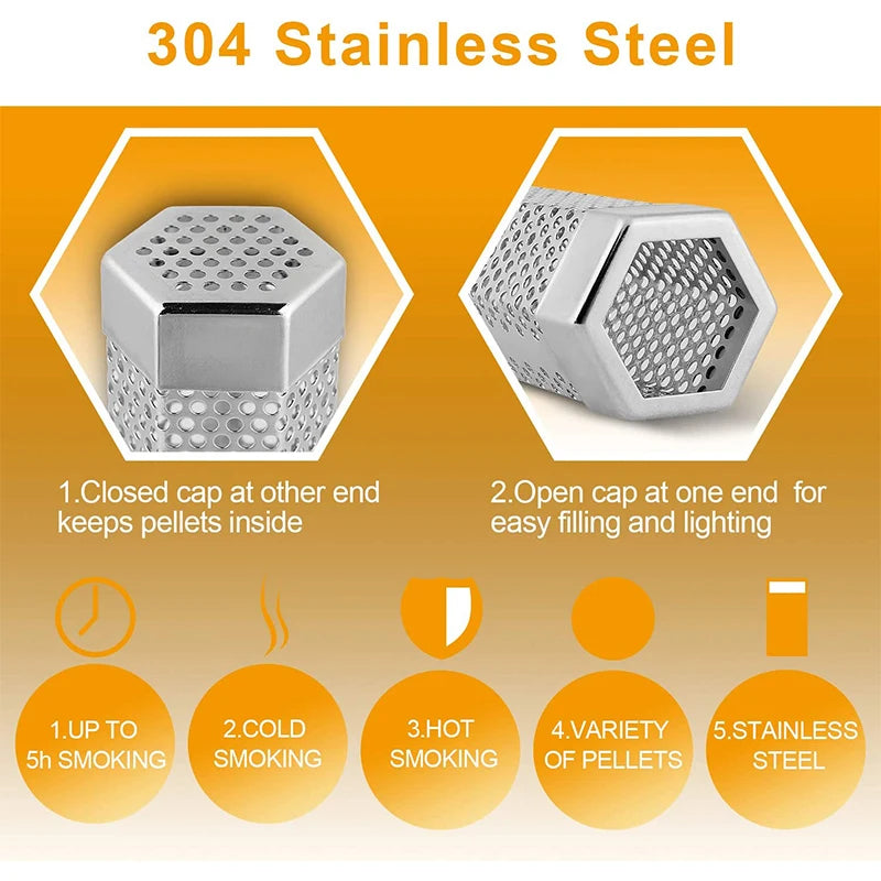 12 Inch Hexagon Stainless Steel Pellet Smoker Tube – BBQ Wood Pellet Smoke Generator – Ideal for Hot & Cold Smoking up to 5 Hours