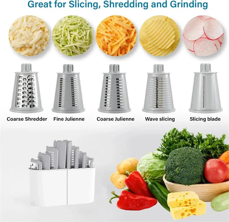 5-in-1 Rotary Cheese and Vegetable Grater with Handle and Suction Base – Multifunctional Interchangeable Rotating Drum Blades for Slicing, Shredding, and Grinding.(Available in Green, White, and Black Colours)
