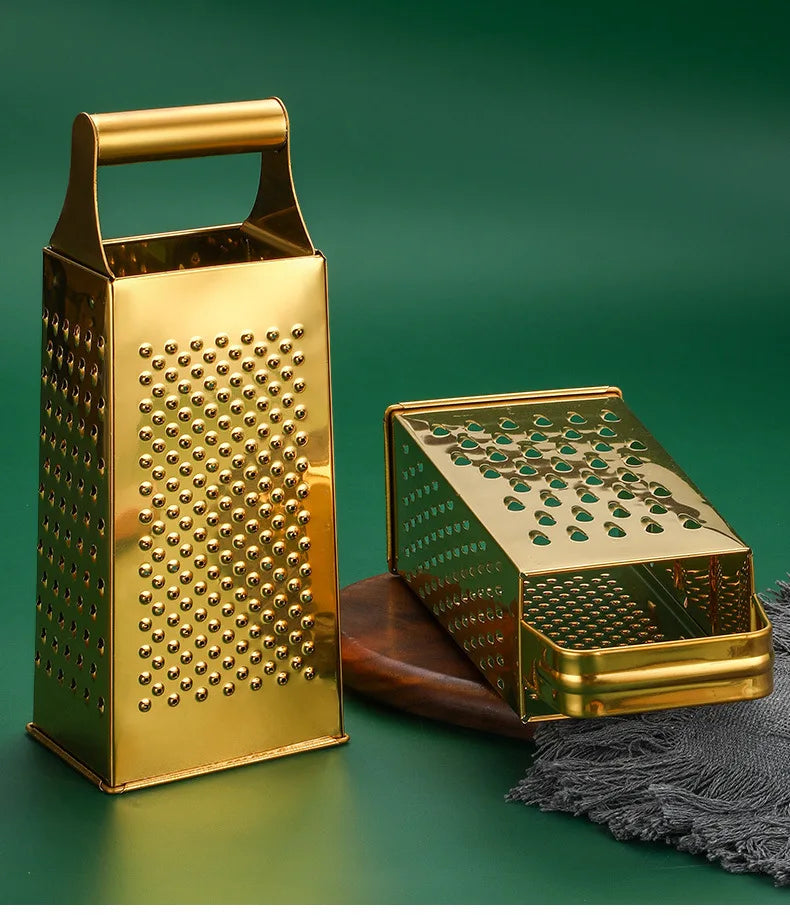 Stainless Steel Four-Sided Cheese Grater – Multi-Functional Handheld Box  Grater  & Vertical Fruit Slicer, Available in Gold & Silver