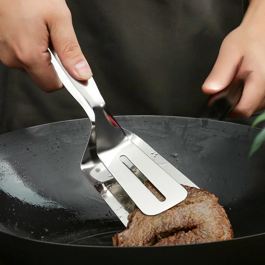 Stainless Steel Steak Tongs & Spatula Clip – Double-Sided Cooking Tongs for Fish, Meat & Pizza – Perfect for Flipping & Serving