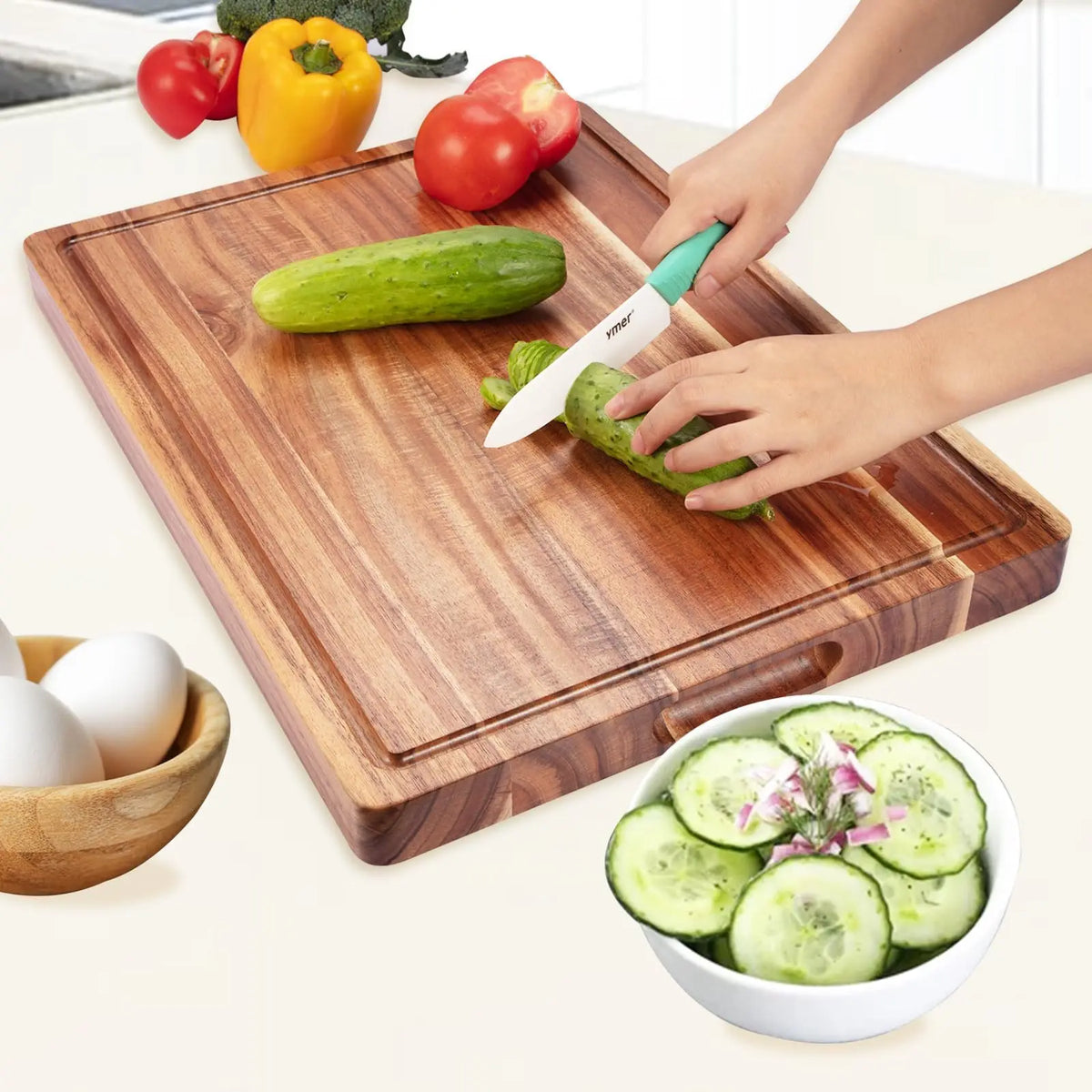 Acacia Wood Chopping Board – Thick Reversible Butcher Block with Juice Groove – Best for Carving, Cheese & Serving – Available in Small & Medium
