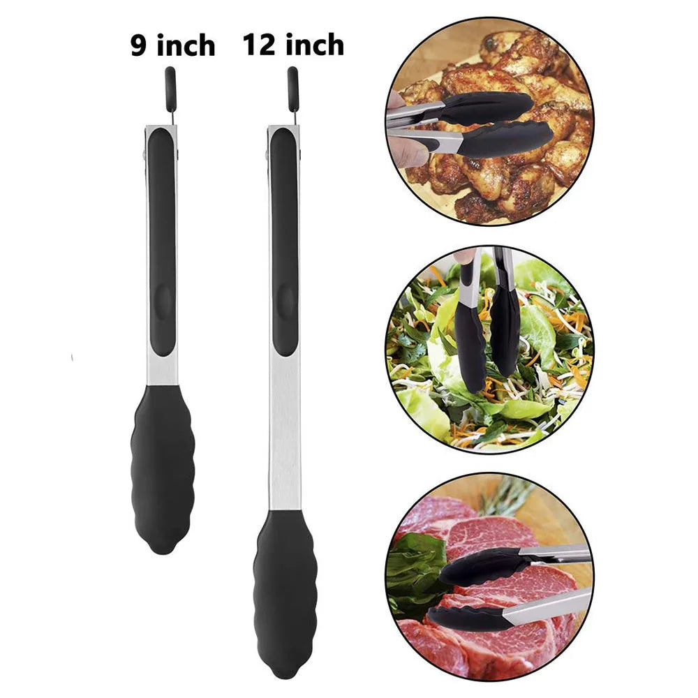 Locking Silicone Kitchen Tongs with Stainless Steel Handles – Non-Stick BBQ & Cooking Tongs – Best for Grilling, Frying & Serving – Available in Black & Red, 9 or 12 Inch