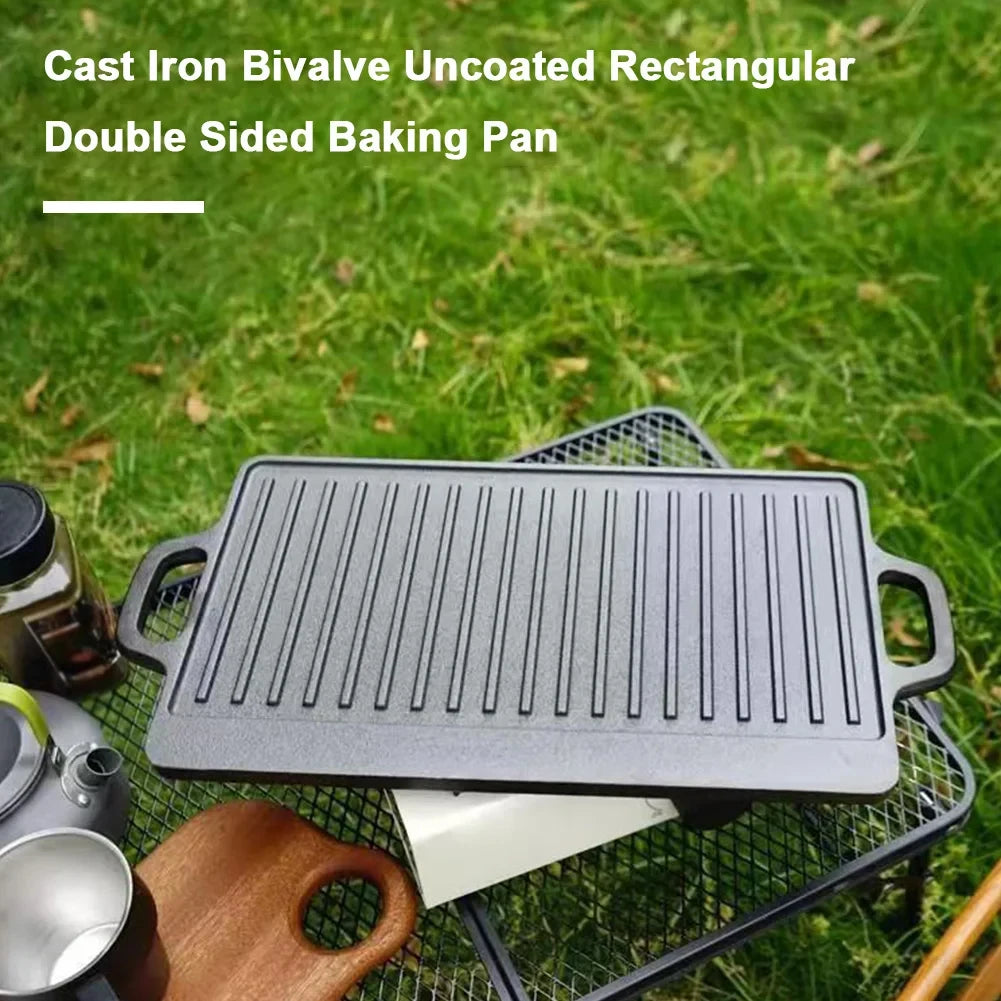 Double-Sided Cast Iron Grill Plate with Double Handles – Ridged & Smooth Griddle for Oven, Hob & BBQ – Best for Steaks, Eggs & Pancakes (51 x 23cm)