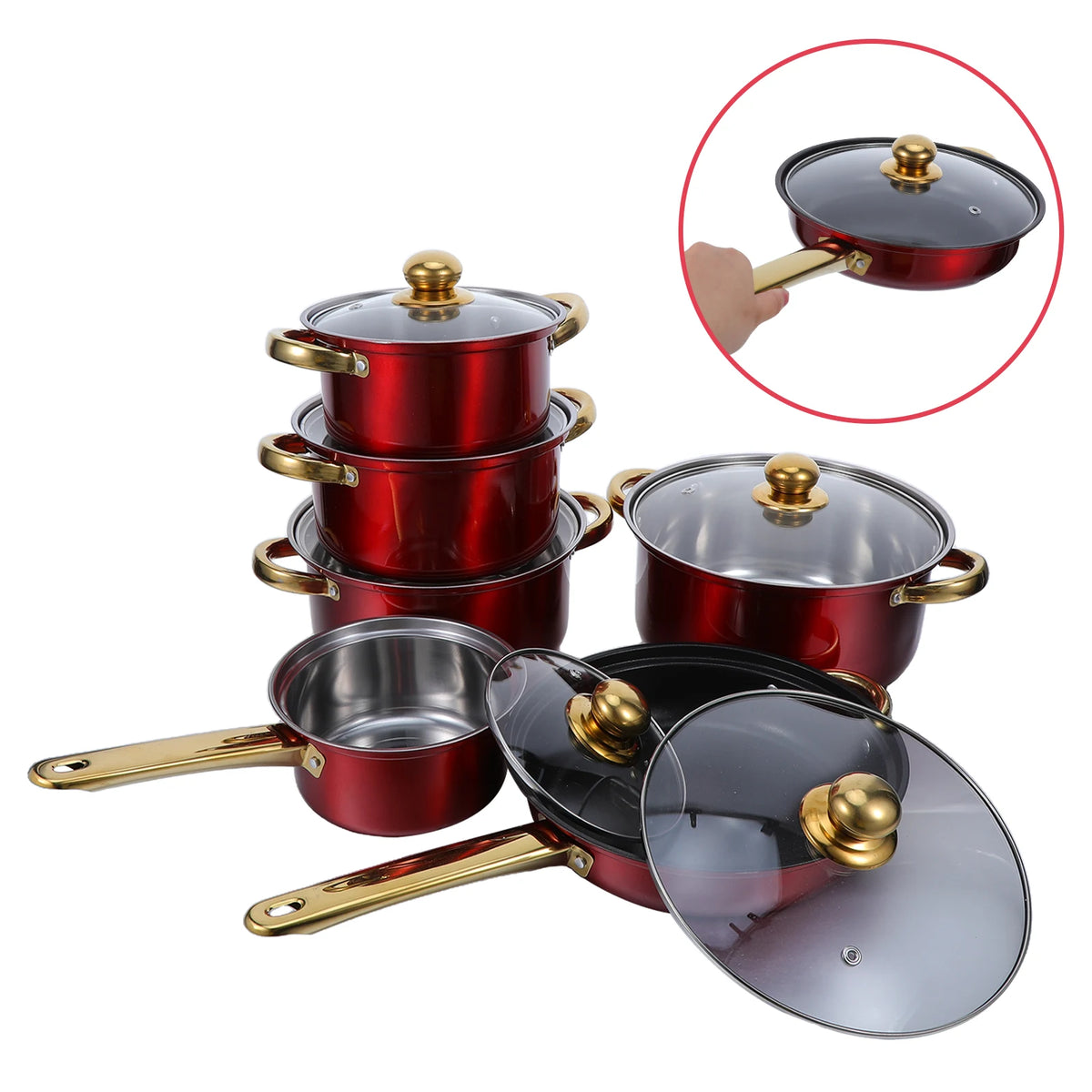 Red Non-Stick Stainless Steel Pots & Pans Set with Glass Lids – 6 Piece Thickened Cookware Set – Great for Induction, Gas, Electric & Ceramic Hobs