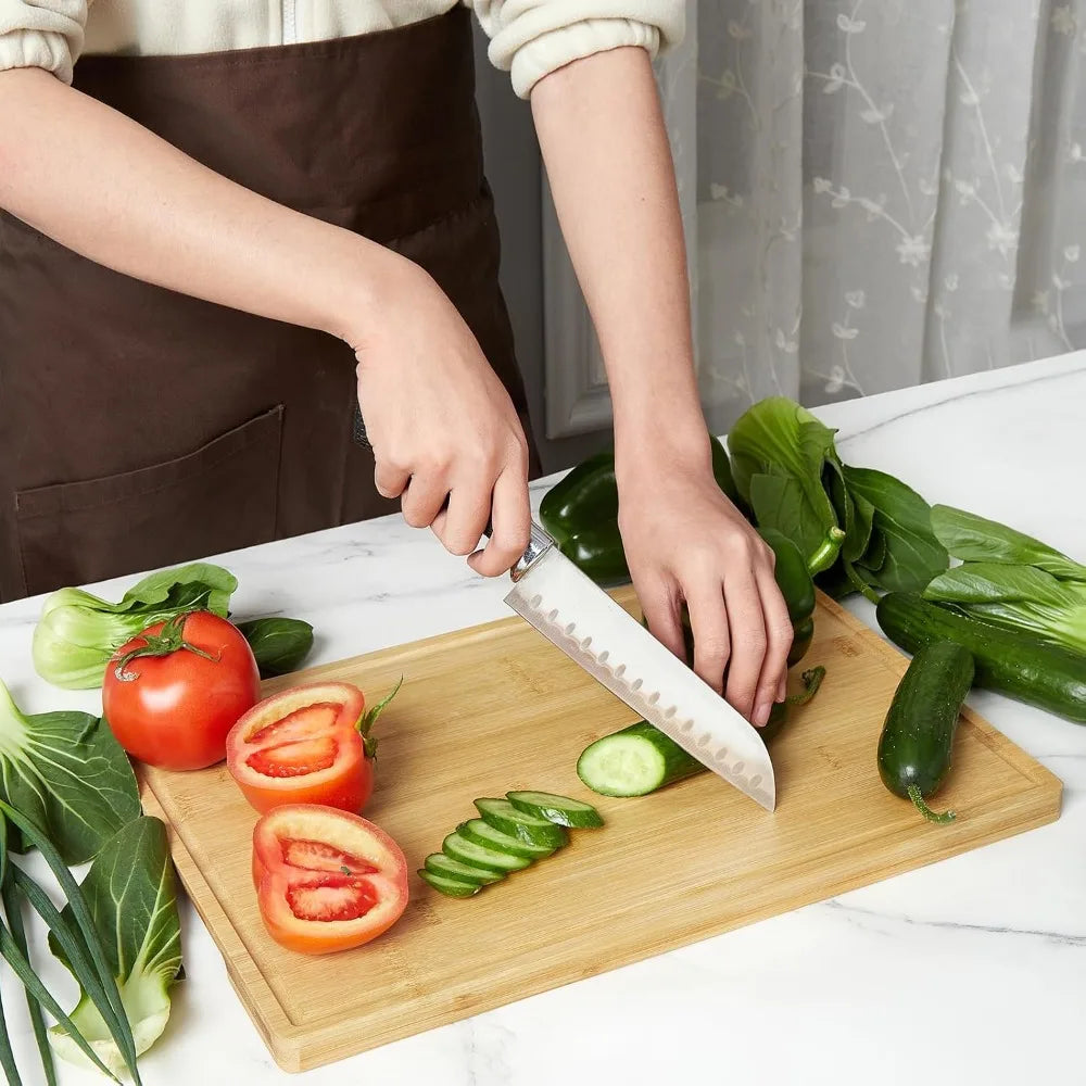 Bamboo Chopping Board Set with Stand – 3 Carbonised Wood Boards with Juice Grooves – Ideal for Space-Saving Everyday Prep